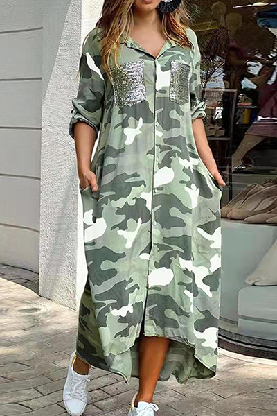 GR | Casual Print Camouflage Print Sequin Buckle Turn-Up Collar Shirt Dress Dresses