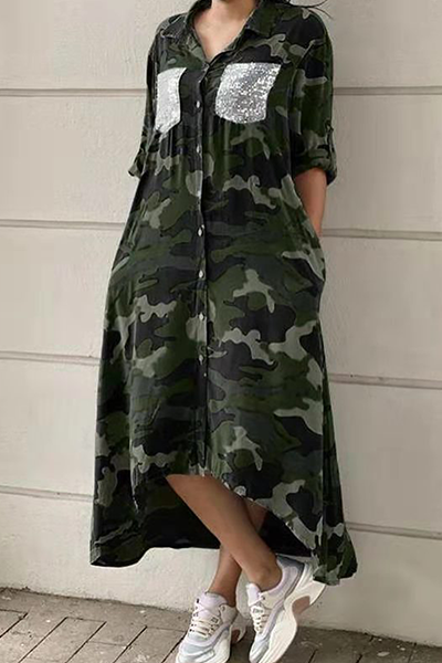 GR | Casual Print Camouflage Print Sequin Buckle Turn-Up Collar Shirt Dress Dresses