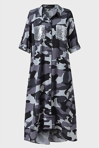GR | Casual Print Camouflage Print Sequin Buckle Turn-Up Collar Shirt Dress Dresses