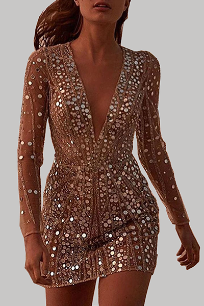 GR | Elegant Patchwork Pailletten Transparent Mesh V-Ausschnitt Bleistiftrock Kleider