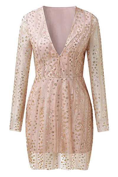 GR | Elegant Patchwork Pailletten Transparent Mesh V-Ausschnitt Bleistiftrock Kleider