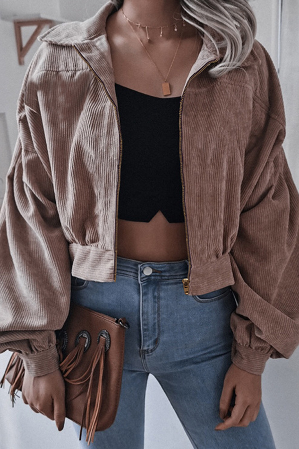 GR | Casual Street Solid Split Joint Zip Turn-Down Collar Outerwear
