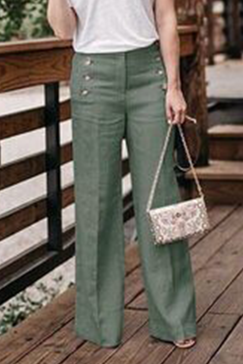 GR | Comfortable Solid Buckle Straight High Waist Wide Pants Solid Color Waistband