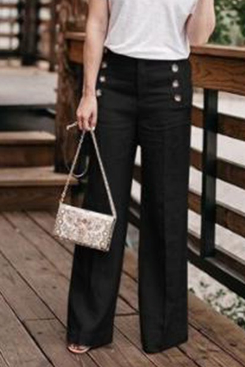 GR | Comfortable Solid Buckle Straight High Waist Wide Pants Solid Color Waistband