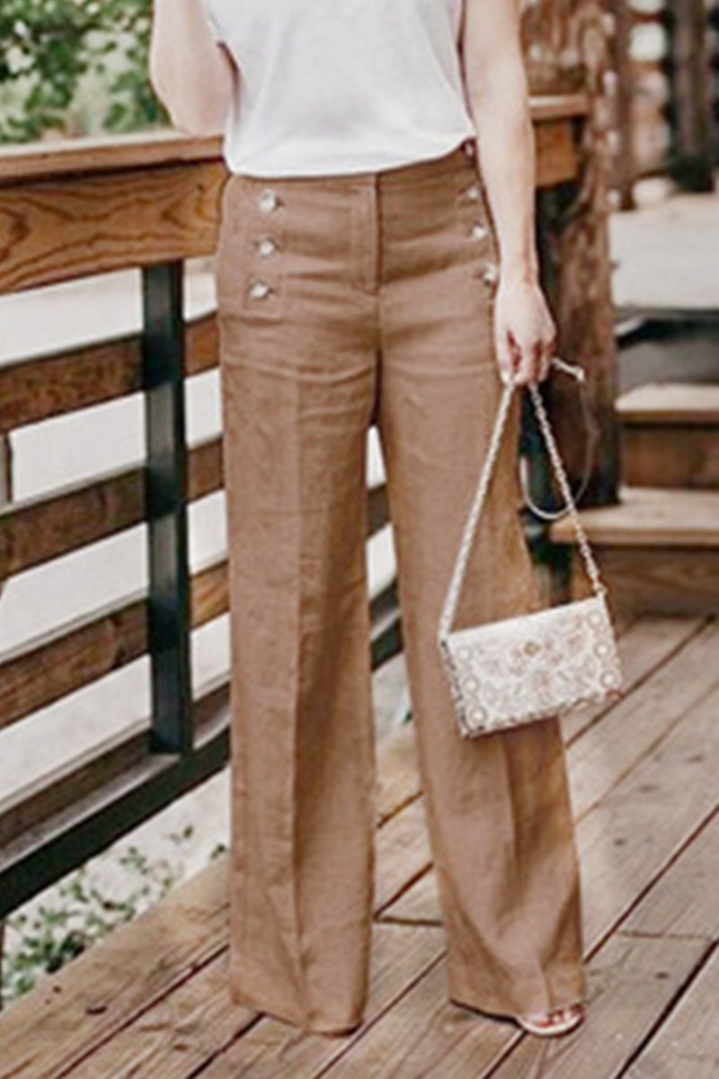 GR | Comfortable Solid Buckle Straight High Waist Wide Pants Solid Color Waistband