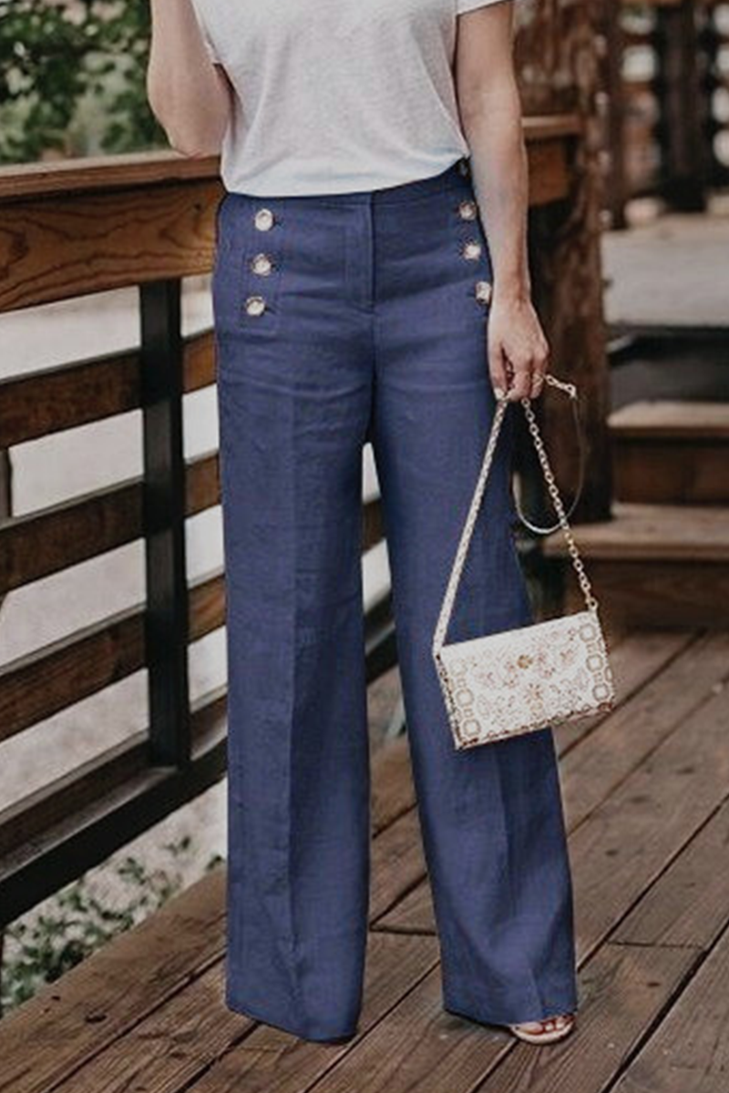 GR | Comfortable Solid Buckle Straight High Waist Wide Pants Solid Color Waistband