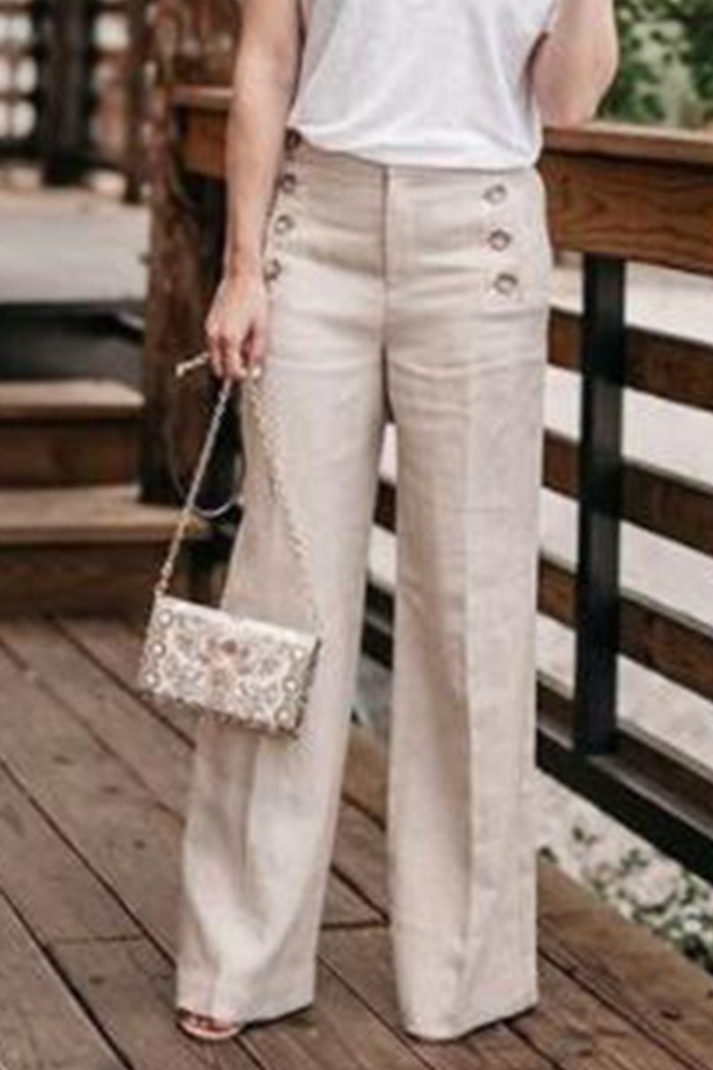 GR | Comfortable Solid Buckle Straight High Waist Wide Pants Solid Color Waistband