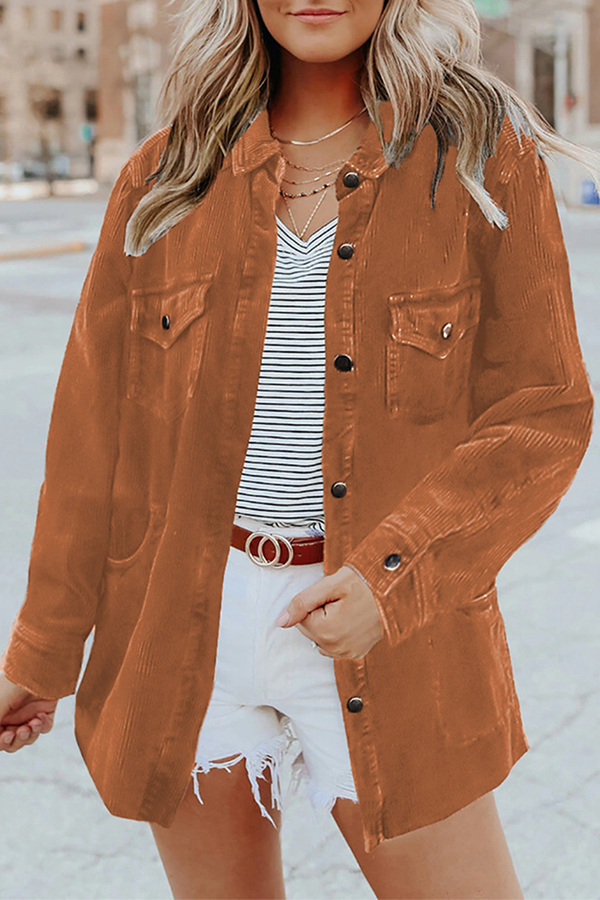 GR | Casual Solid Bag Buckle Turned Collar Outerwear