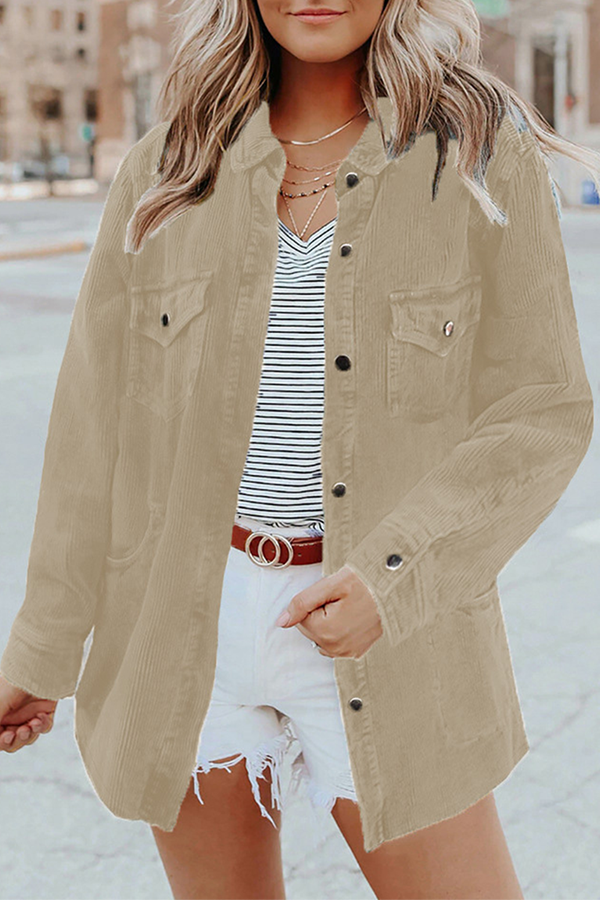 GR | Casual Solid Bag Buckle Turned Collar Outerwear