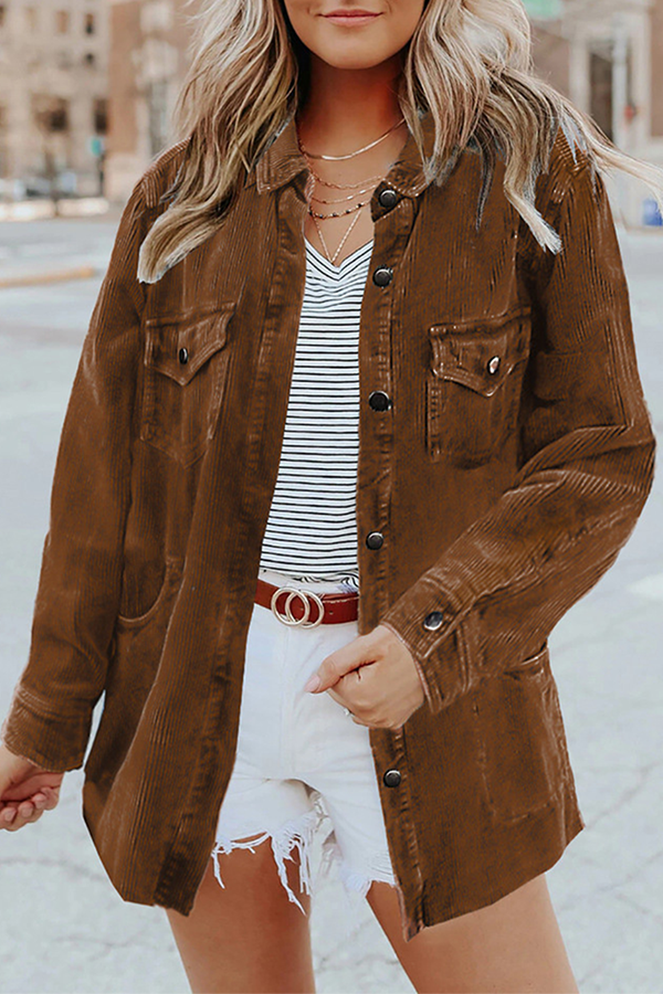 GR | Casual Solid Bag Buckle Turned Collar Outerwear