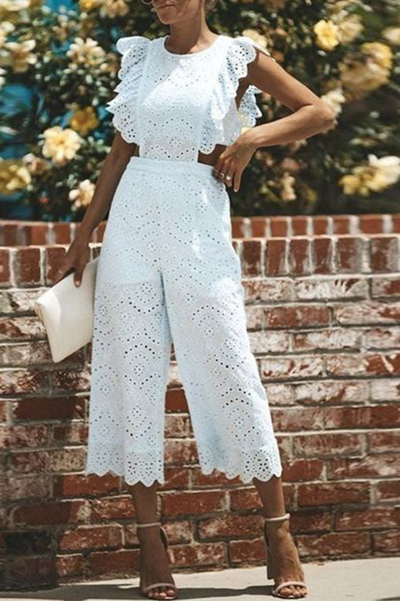 GR | Relaxed solid color lace O-neck straight jumpsuits