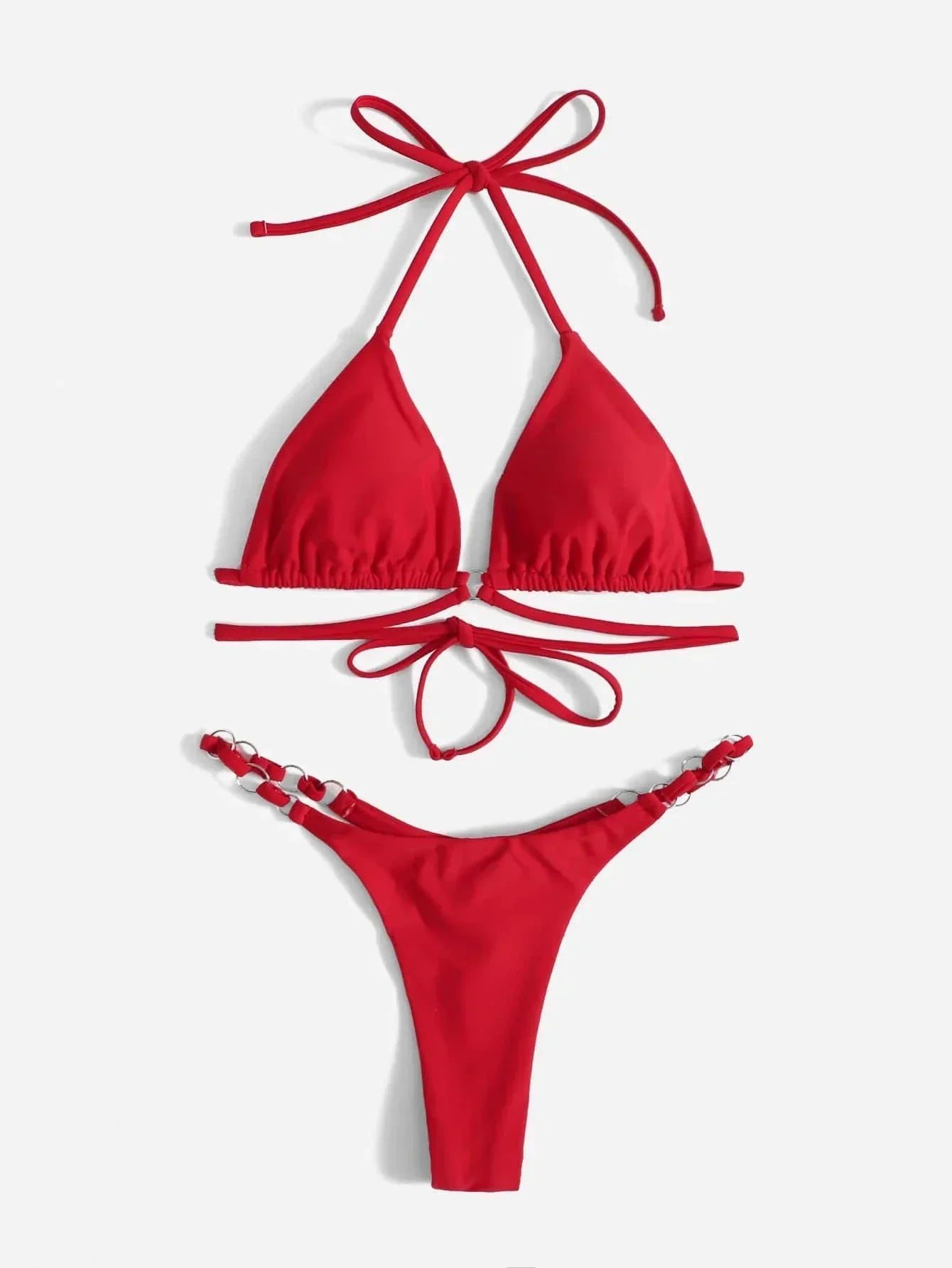 GR | Red Halter Triangle Bikini with Ring Detail for Women
