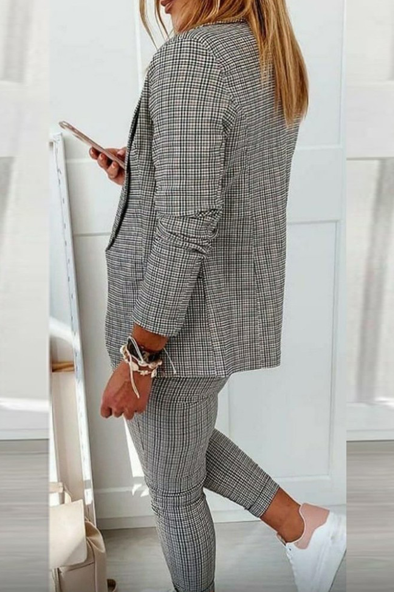 GR | Casual Street Cube Pattern Patchwork Turn-Up Collar Long Sleeve Two-Piece Set