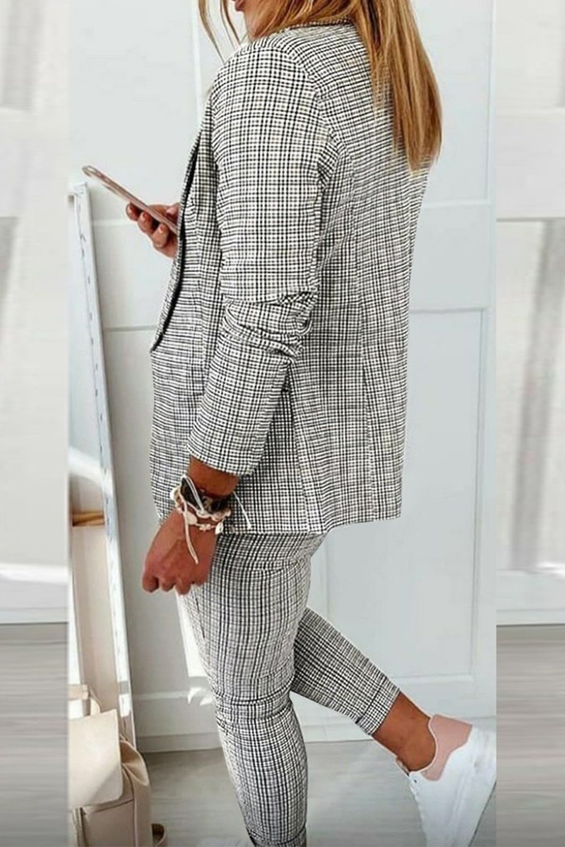 GR | Casual Street Cube Pattern Patchwork Turn-Up Collar Long Sleeve Two-Piece Set