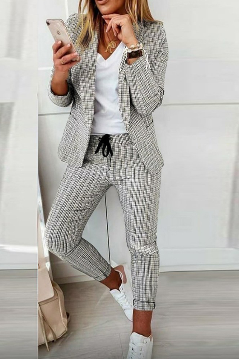 GR | Casual Street Cube Pattern Patchwork Turn-Up Collar Long Sleeve Two-Piece Set
