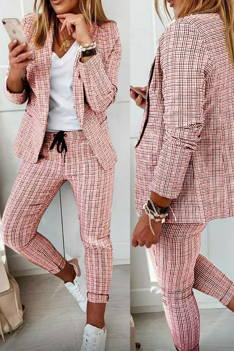 GR | Casual Street Cube Pattern Patchwork Turn-Up Collar Long Sleeve Two-Piece Set