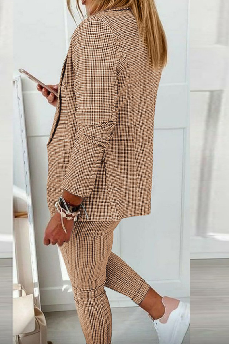 GR | Casual Street Cube Pattern Patchwork Turn-Up Collar Long Sleeve Two-Piece Set