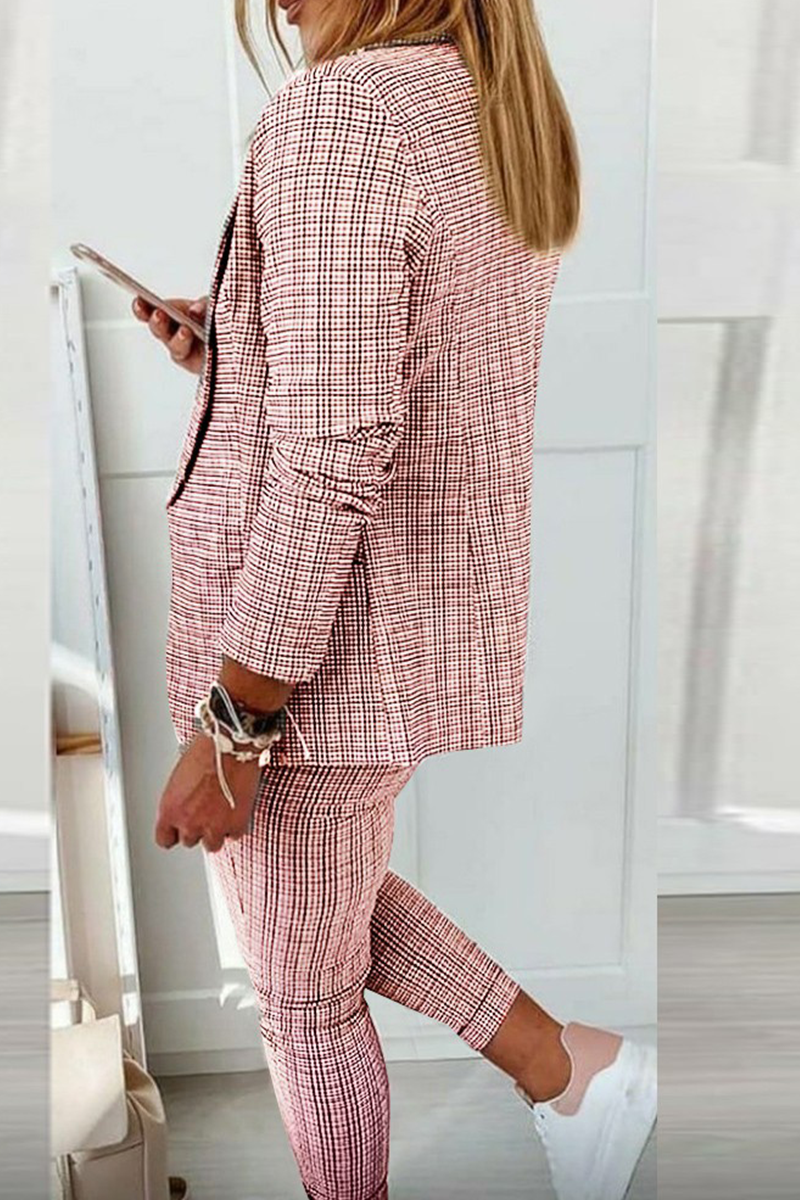 GR | Casual Street Cube Pattern Patchwork Turn-Up Collar Long Sleeve Two-Piece Set