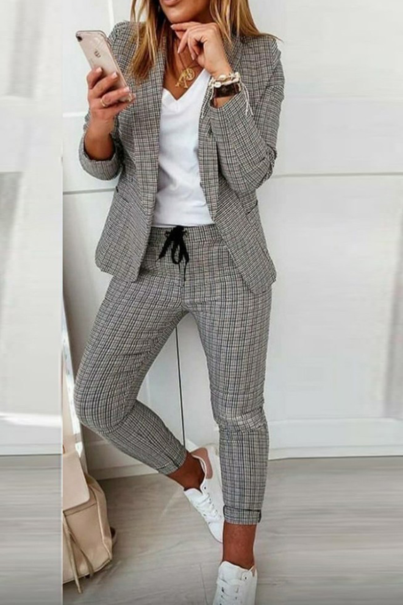 GR | Casual Street Cube Pattern Patchwork Turn-Up Collar Long Sleeve Two-Piece Set