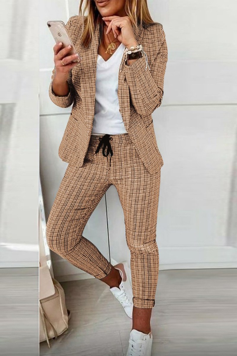 GR | Casual Street Cube Pattern Patchwork Turn-Up Collar Long Sleeve Two-Piece Set