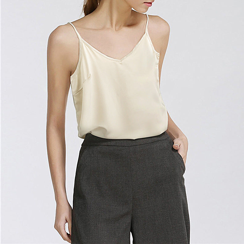 Women's silk-like spaghetti strap top with V-neck and adjustable straps, size