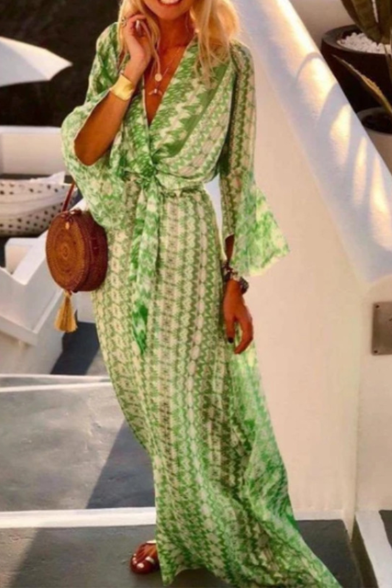 GR | V-neck dress with waist and printed slit Joint
