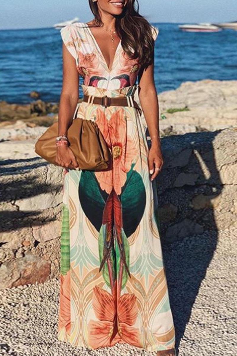 GR | Casual Print Patchwork V-Neck Straight Jumpsuits