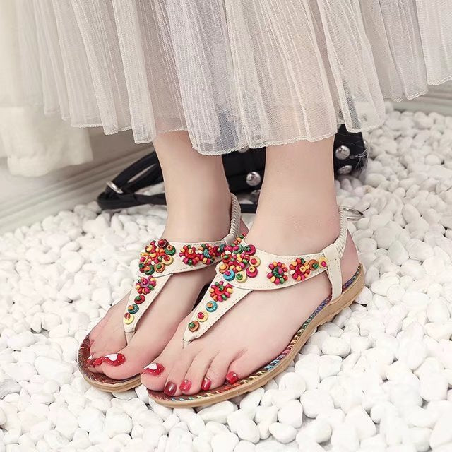 Women's sandals with colorful decorative beads and non-slip sole, size S