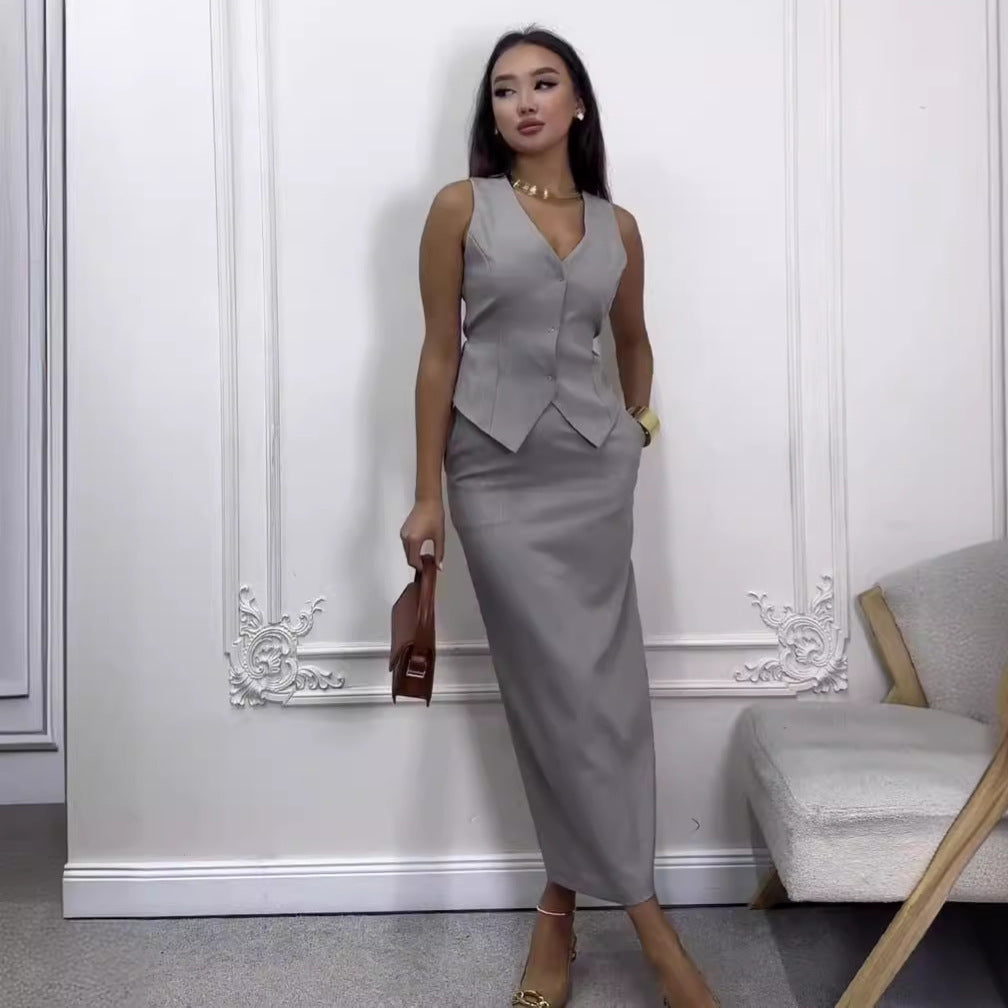 GR | Solid color sleeveless vest & skirt suit