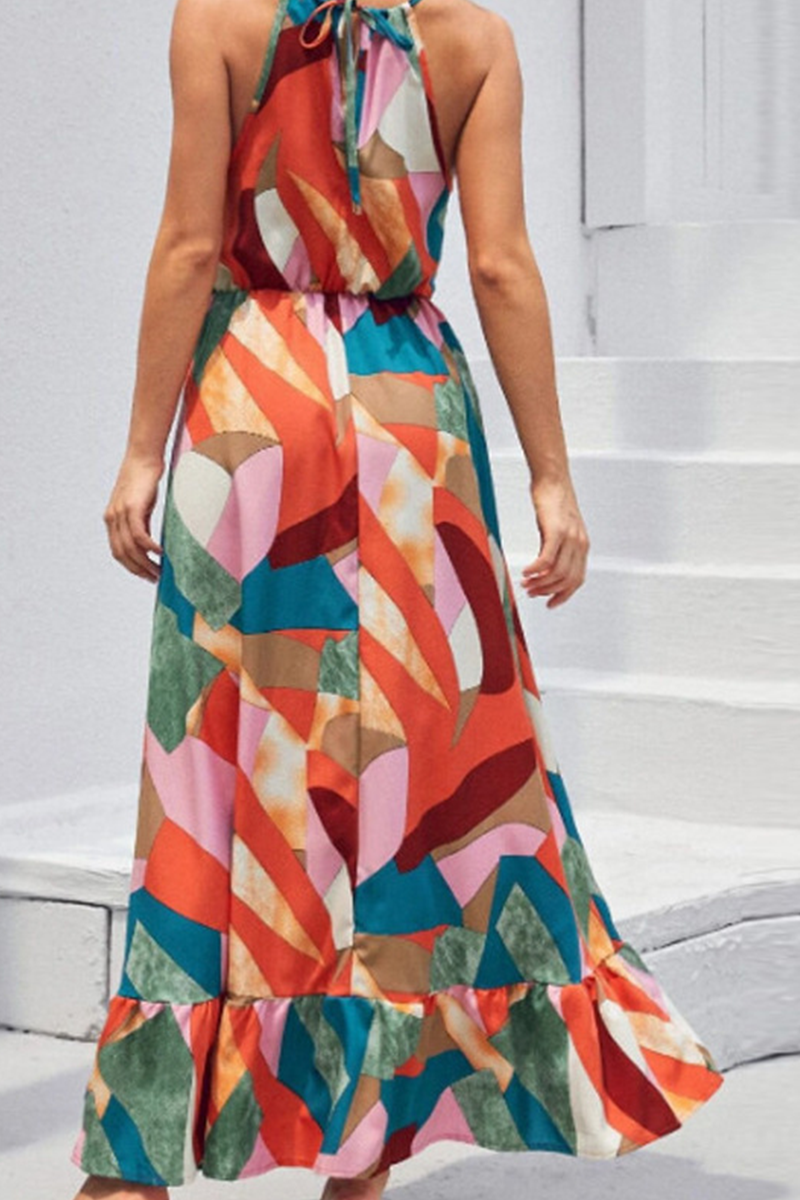 GR | Fashion Print Split Joint Halter Cake Skirts Dresses