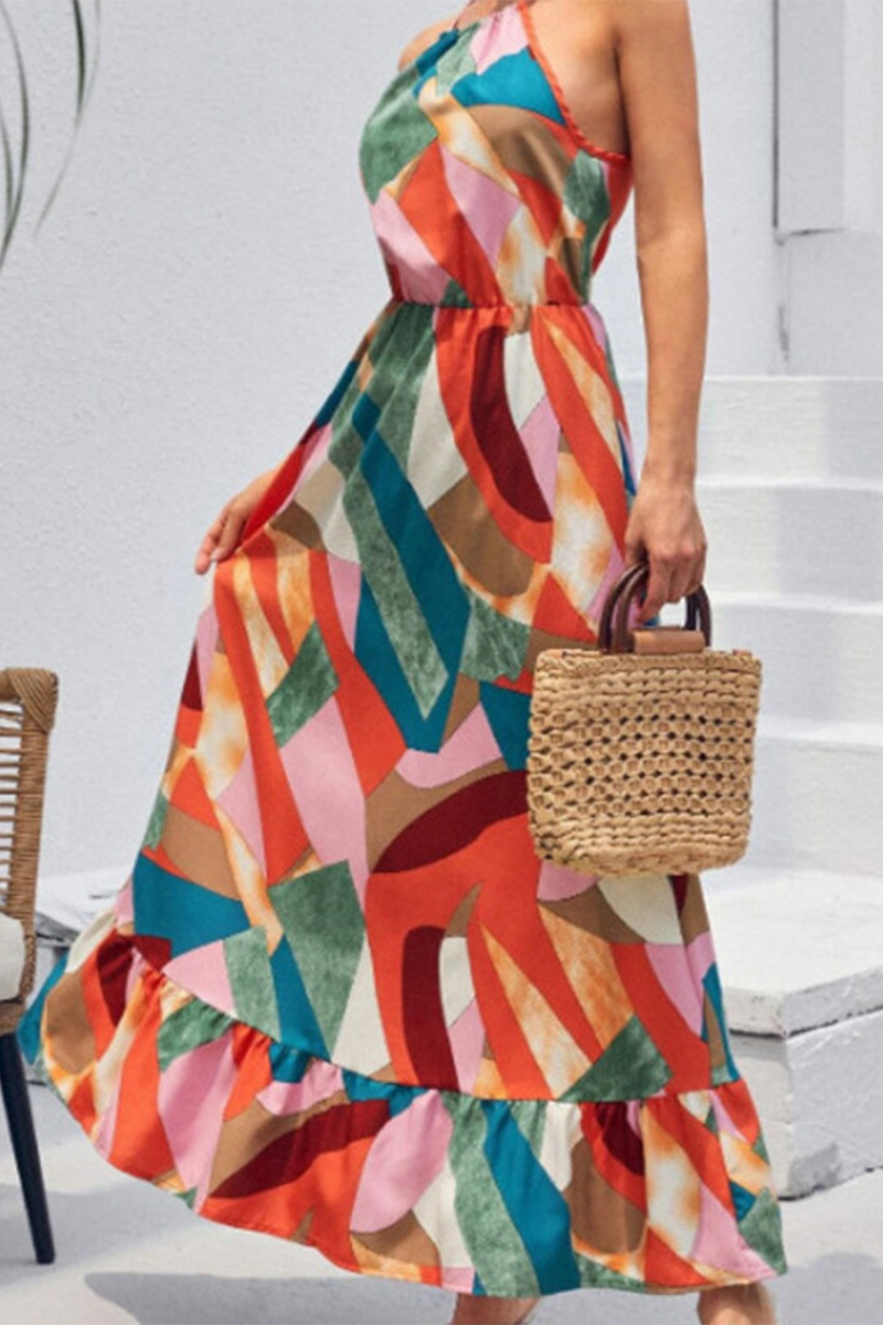 GR | Fashion Print Split Joint Halter Cake Skirts Dresses