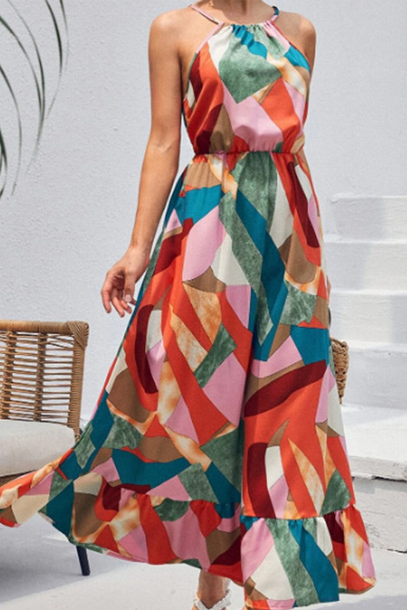 GR | Fashion Print Split Joint Halter Cake Skirts Dresses