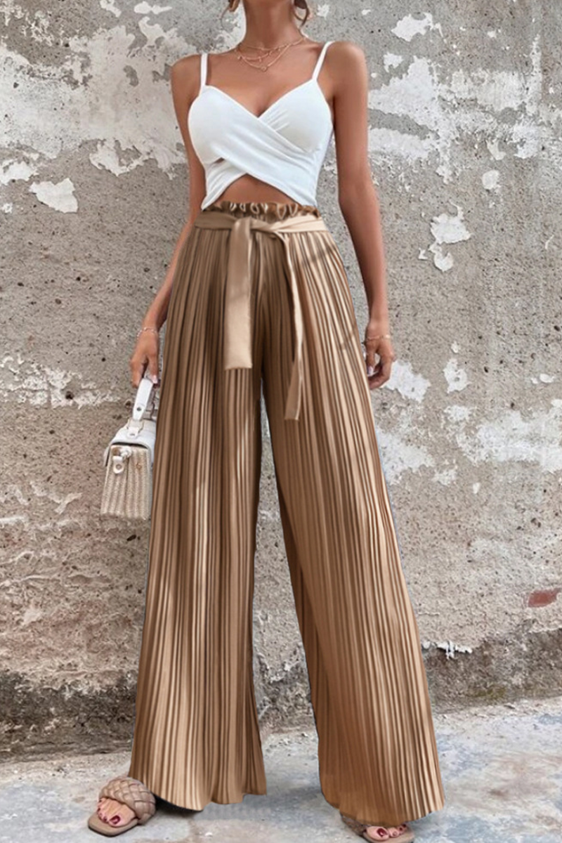 GR | Fashion Solid Color Pleated Loose Mid Waist Wide Leg Solid Color Pants - 4 Colors
