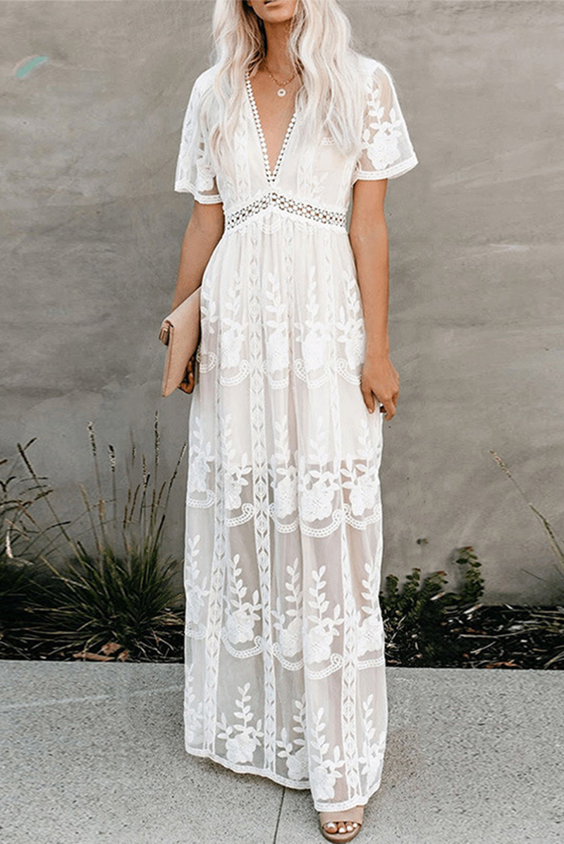 GR | Casual solid-color lace V-neck dress