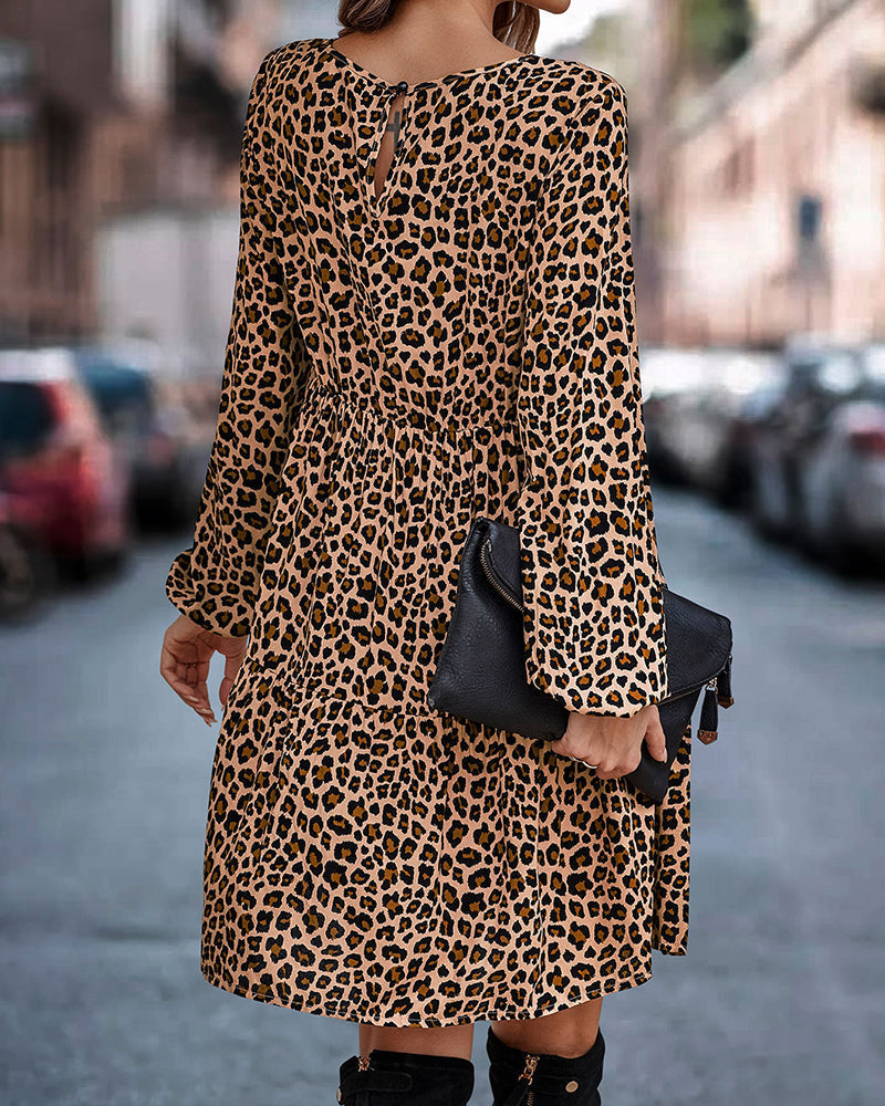 GR | Comfortable long-sleeved dress with leopard print