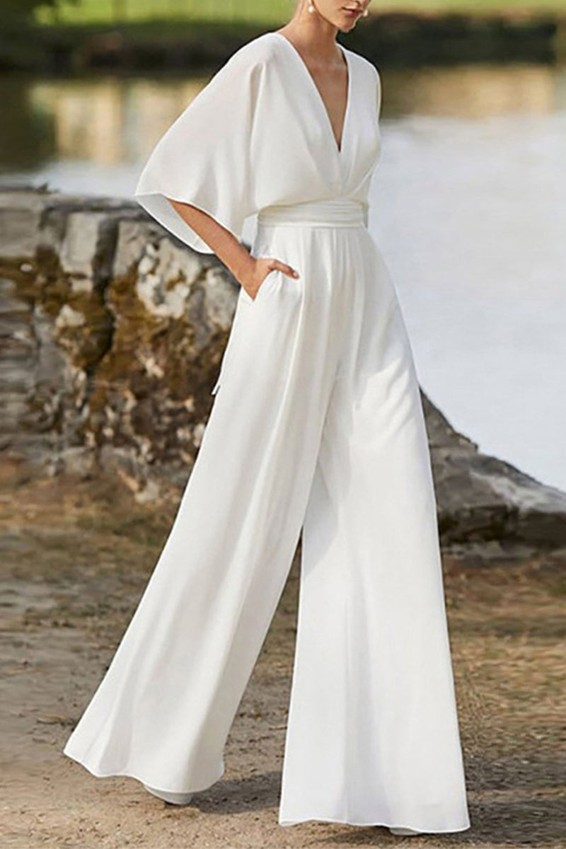 GR | Elegant solid color V-neck boot cut jumpsuits