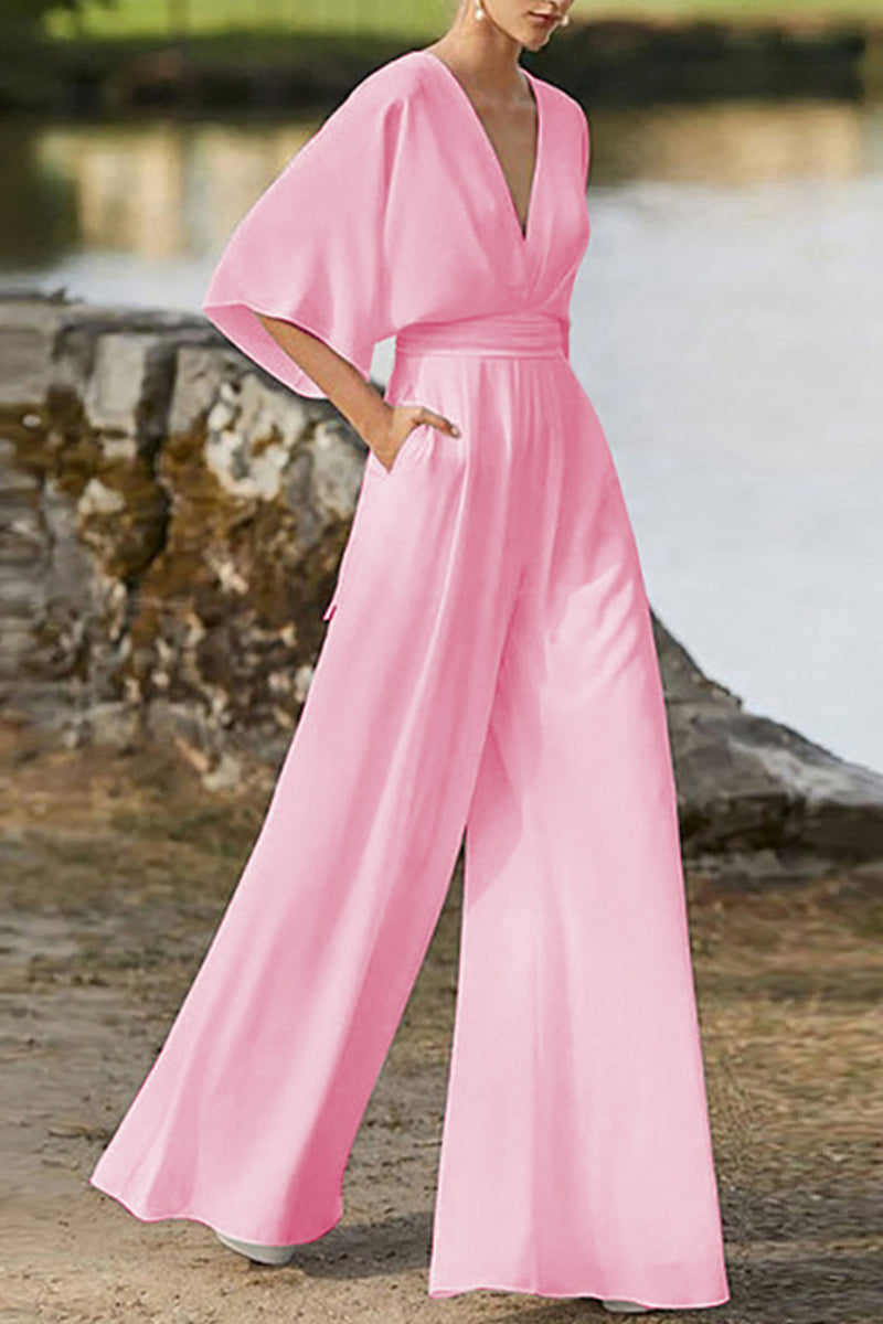 GR | Elegant solid color V-neck boot cut jumpsuits