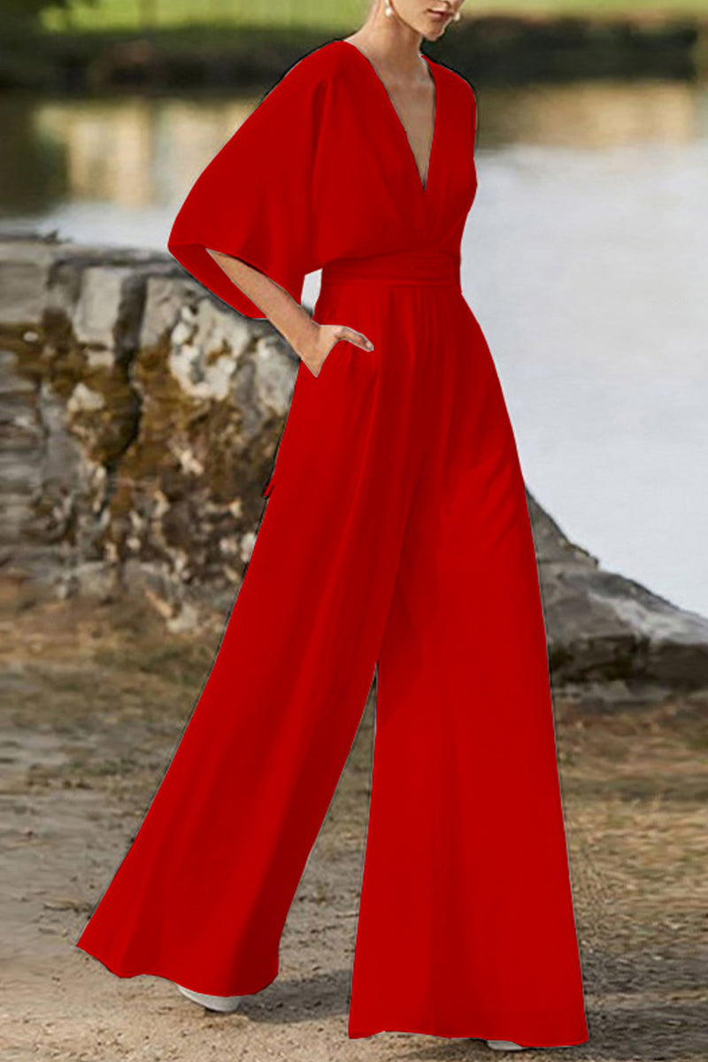 GR | Elegant solid color V-neck boot cut jumpsuits