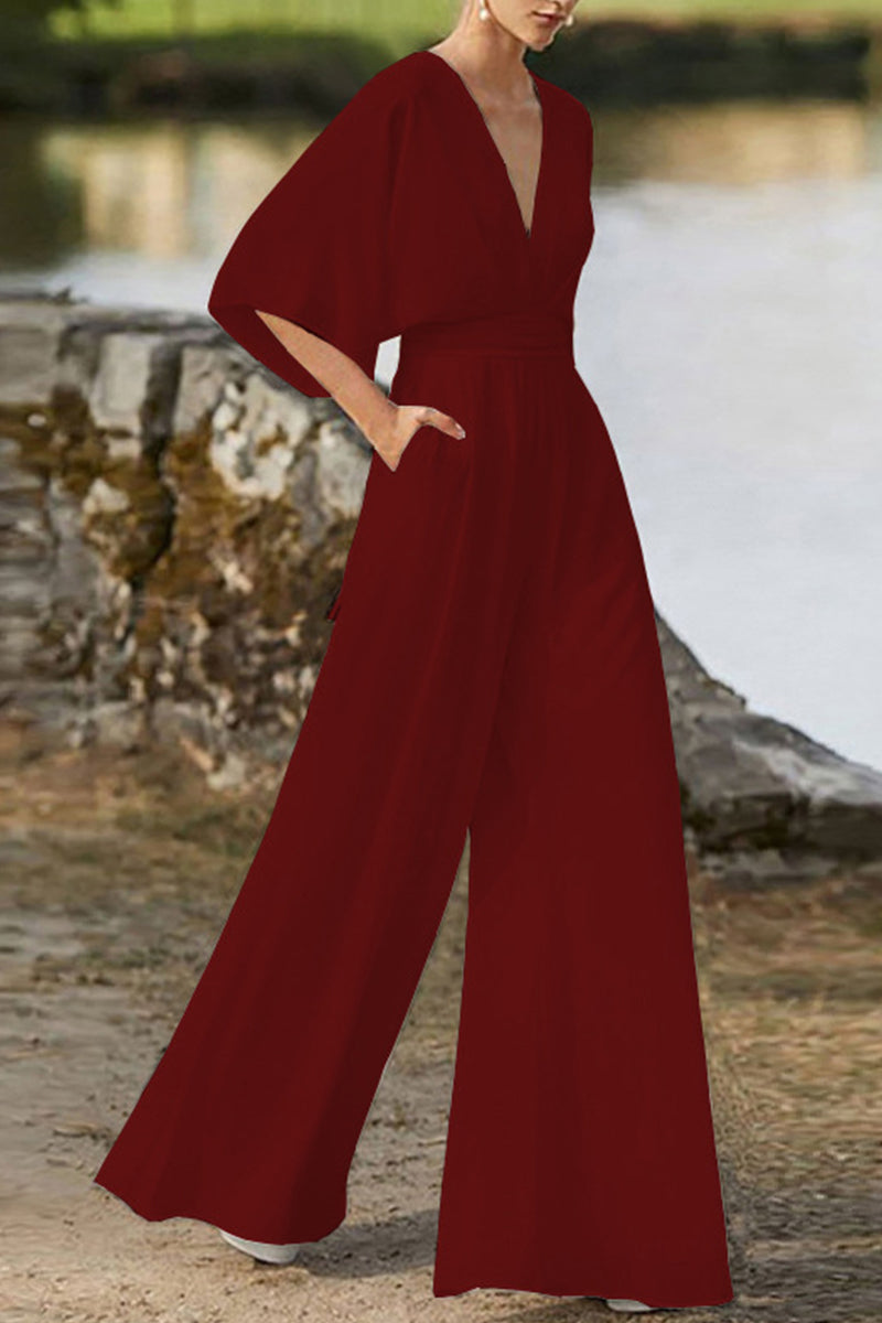 GR | Elegant solid color V-neck boot cut jumpsuits