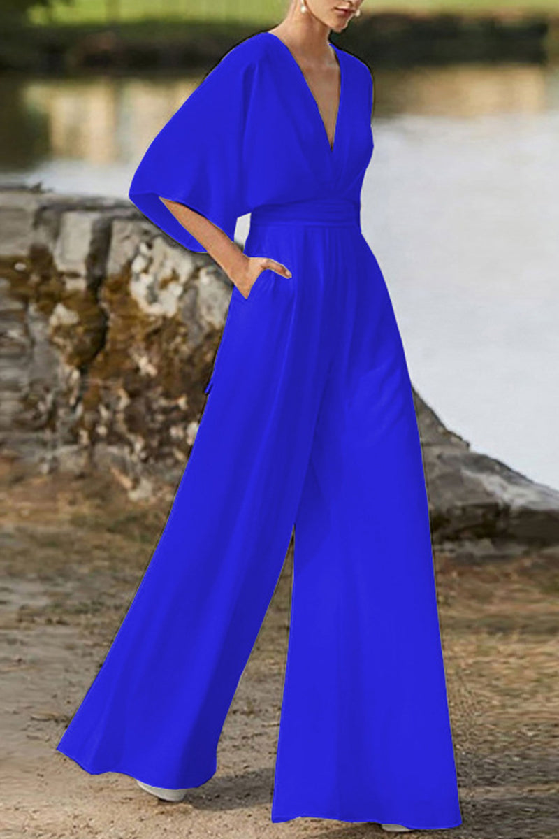 GR | Elegant solid color V-neck boot cut jumpsuits