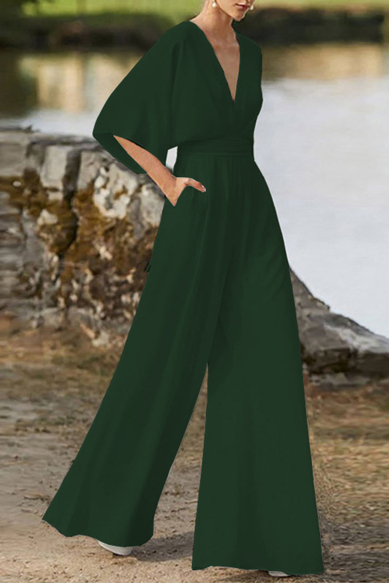 GR | Elegant solid color V-neck boot cut jumpsuits