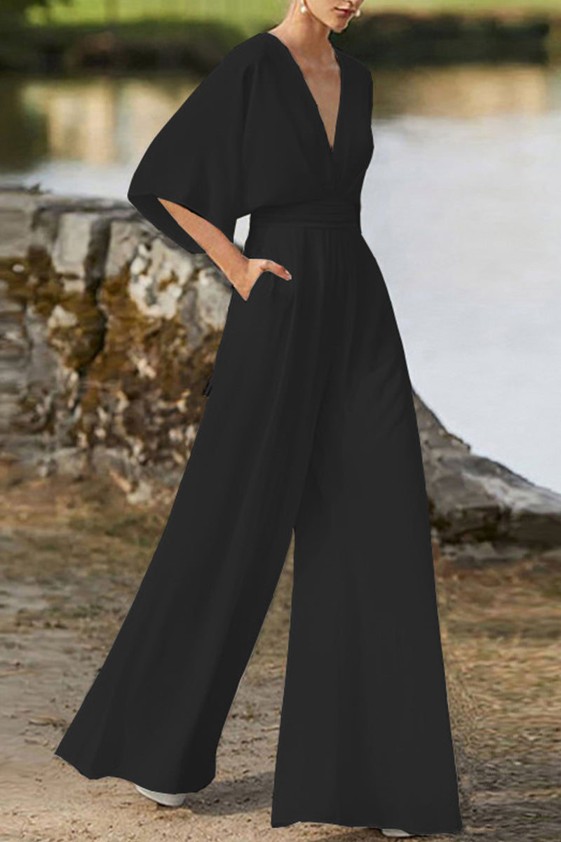 GR | Elegant solid color V-neck boot cut jumpsuits