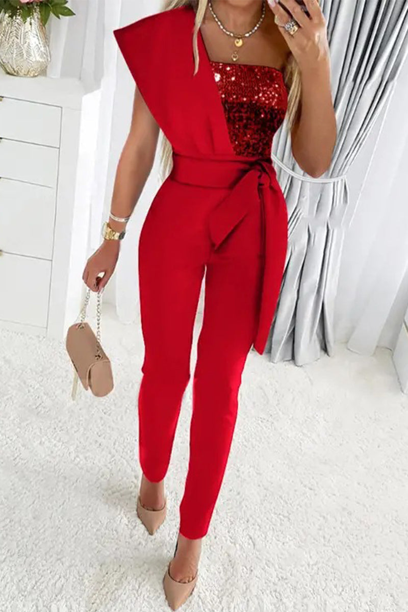 GR | Sweet Elegant Patchwork Sequin Asymmetrical Collar Regular Jumpsuits - 5 Colors