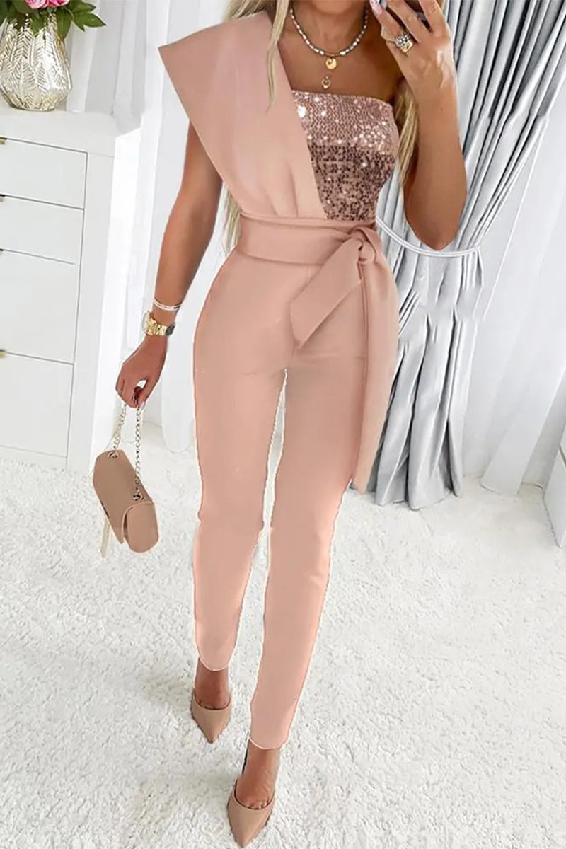 GR | Sweet Elegant Patchwork Sequin Asymmetrical Collar Regular Jumpsuits - 5 Colors