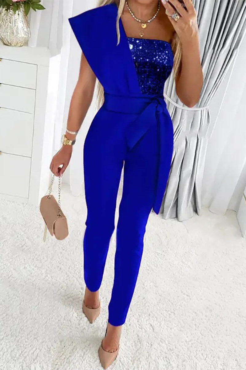 GR | Sweet Elegant Patchwork Sequin Asymmetrical Collar Regular Jumpsuits - 5 Colors