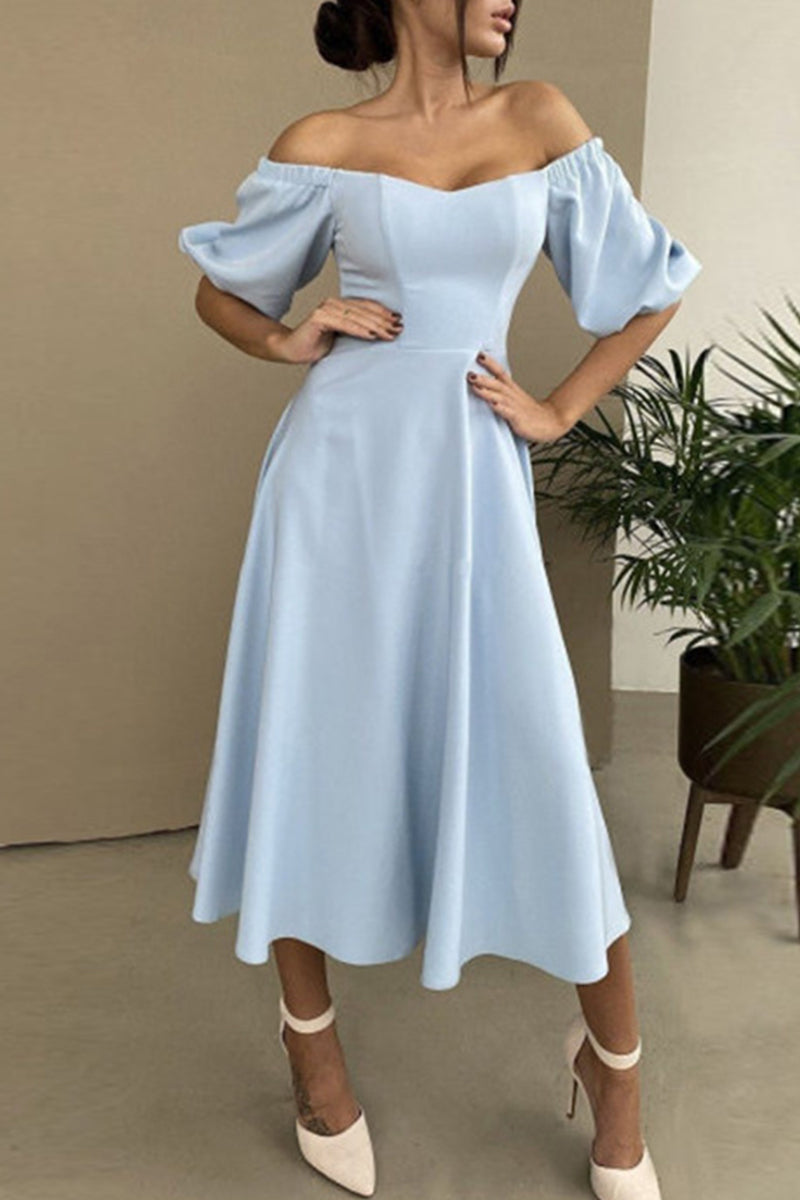 GR | Elegante Einfarbige Off The Shoulder A-Linie Kurze Ärmel Kleid