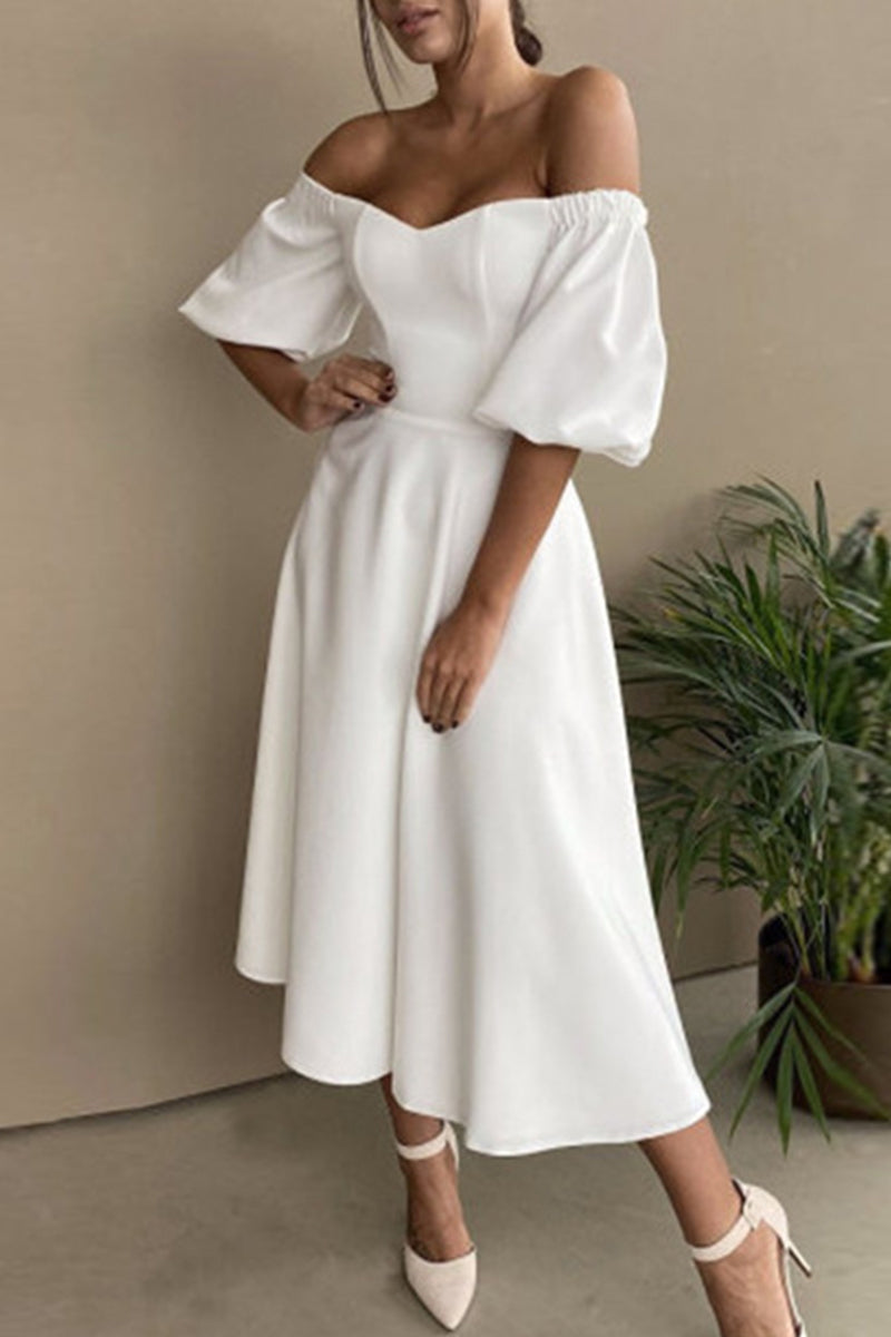 GR | Elegante Einfarbige Off The Shoulder A-Linie Kurze Ärmel Kleid