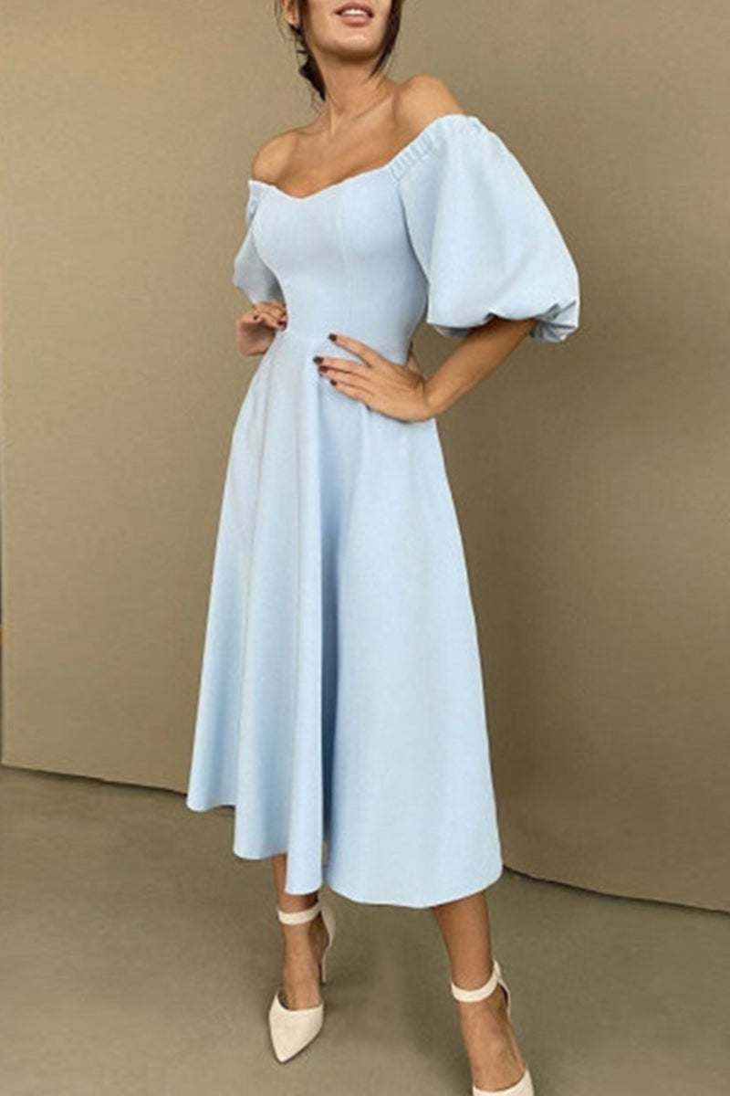 GR | Elegante Einfarbige Off The Shoulder A-Linie Kurze Ärmel Kleid