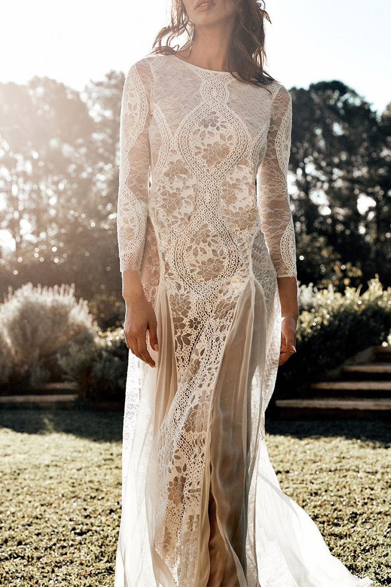 GR | Sweet Solid Lace Back Cutout O Neck Trailing Dresses