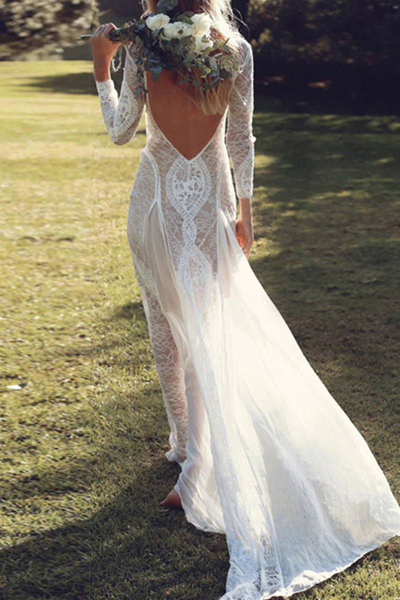 GR | Sweet Solid Lace Back Cutout O Neck Trailing Dresses